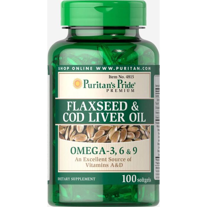 Омега жири Puritans Pride Flaxseed and Cod Liver Oil 1000 mg Omega 3 6 and 9 100 softgels