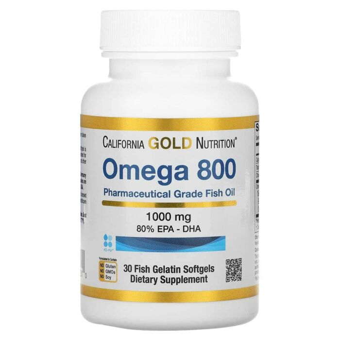 Омега жири California Gold Nutrition Omega 800 Pharmaceutical Grade Fish Oil, 80% EPA/DHA, Triglyceride Form, 1,000 mg - 30 Fish Gelatin Softgels (EXP 10/22)