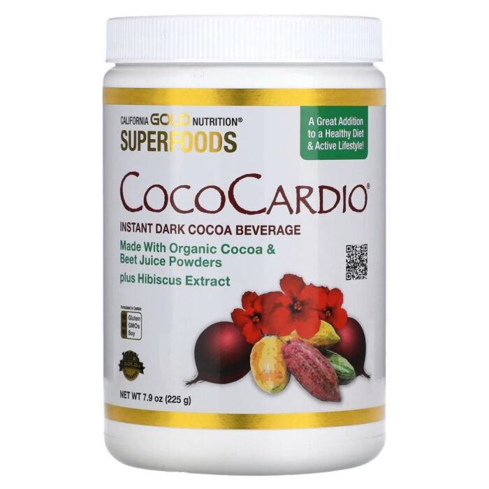 Замінник харчування California Gold Nutrition CocoCardio, Certified Organic Instant Dark Cocoa Beverage with Beet Juice & Hibiscus, 7.93 oz (225 g)