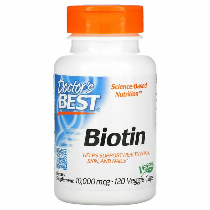 Спеціальна добавка, Для здоров'я шкіри, Для волосся та нігтів Doctor's Best Biotin, 10,000 mcg - 120 Veggie Caps (exp 12/2022)