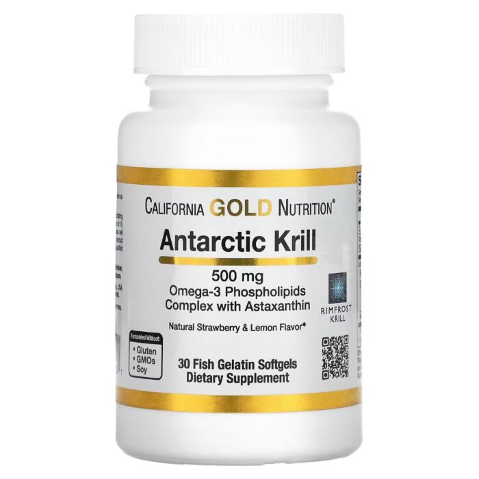 Омега жиры California Gold Nutrition Antarctic Krill Oil, Omega-3 Phospholipids Complex with Astaxanthin, Natural Strawberry and Lemon Flavor, 500 mg, 30 Fish Gelatin Softgels (exp 07/23)