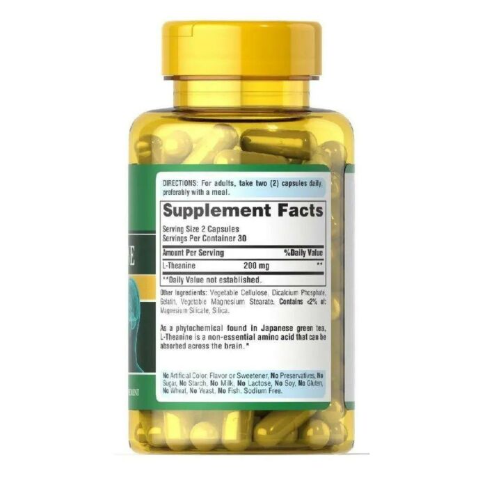 Для поддержки нервной системы Puritans Pride Л-теанин (L-Theanine) - 200 мг, 60 капсул