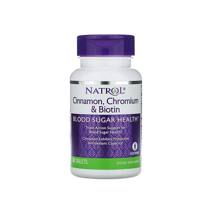 Для здоров'я серця і судин Natrol Cinnamon Chromium and Biotin Blood Sugar Health, 60 таблеток